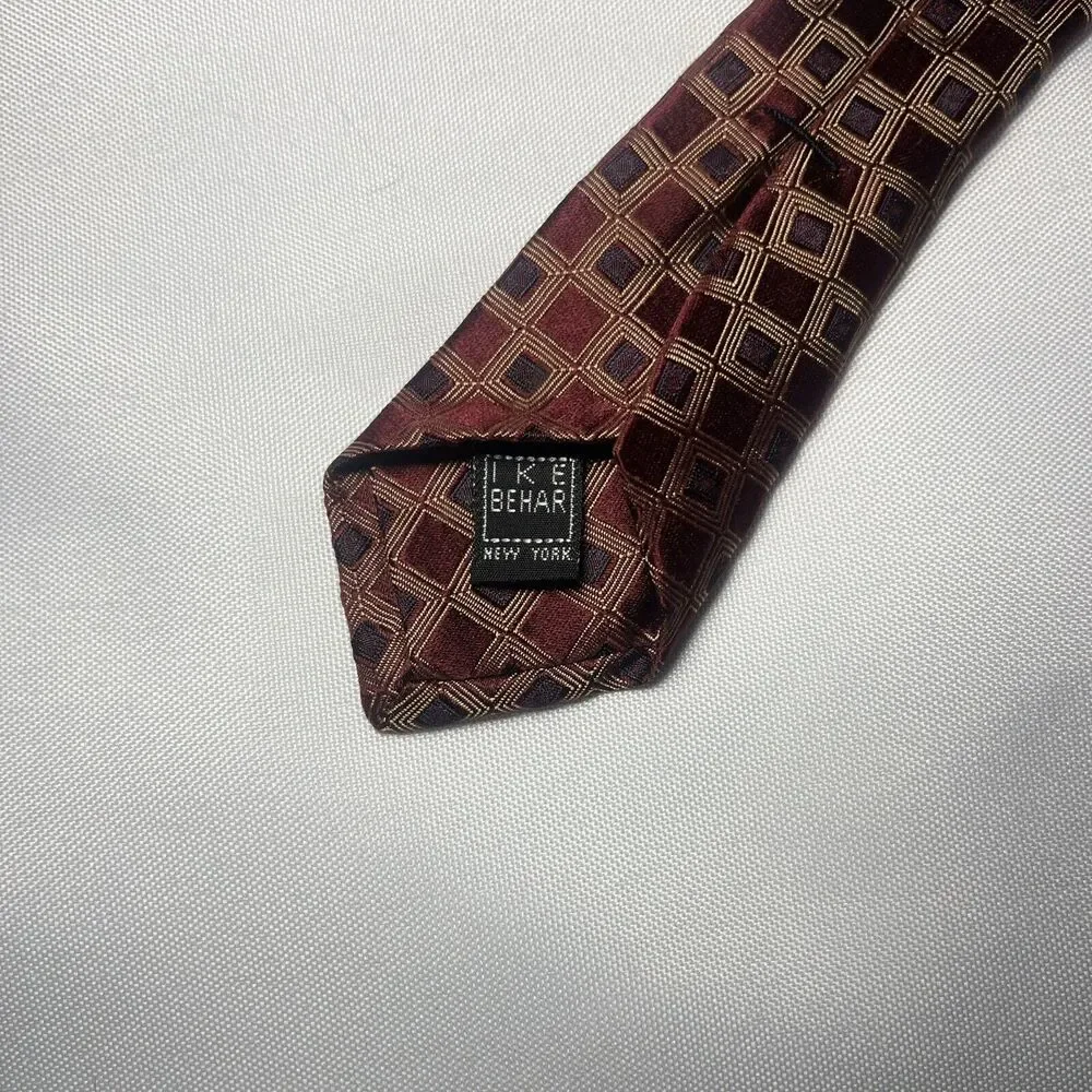 IKE BEHAR Mens Tie Red Gold 100% Silk USA Designer Geometric 60